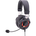Black over-ear headset with red detail and attached boom microphone on a white background.