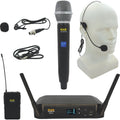 Wireless microphone set with handheld mic, headset, bodypack transmitter, receiver, cables, and windscreen.