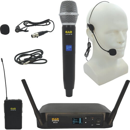 Wireless microphone set with handheld mic, headset, bodypack transmitter, receiver, cables, and windscreen.