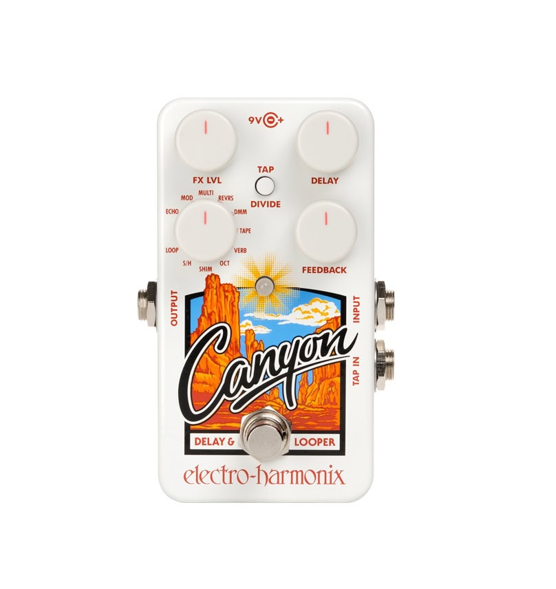 White guitar effects pedal with Canyon branding, multiple knobs, footswitch, and 1/4 inch input/output jacks.
