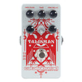 White guitar effects pedal with five black knobs and red graphic labeled Talisman by Catalinbread.