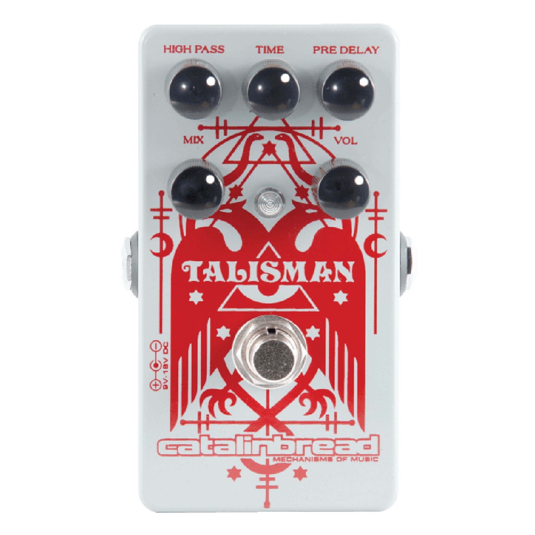 White guitar effects pedal with five black knobs and red graphic labeled Talisman by Catalinbread.