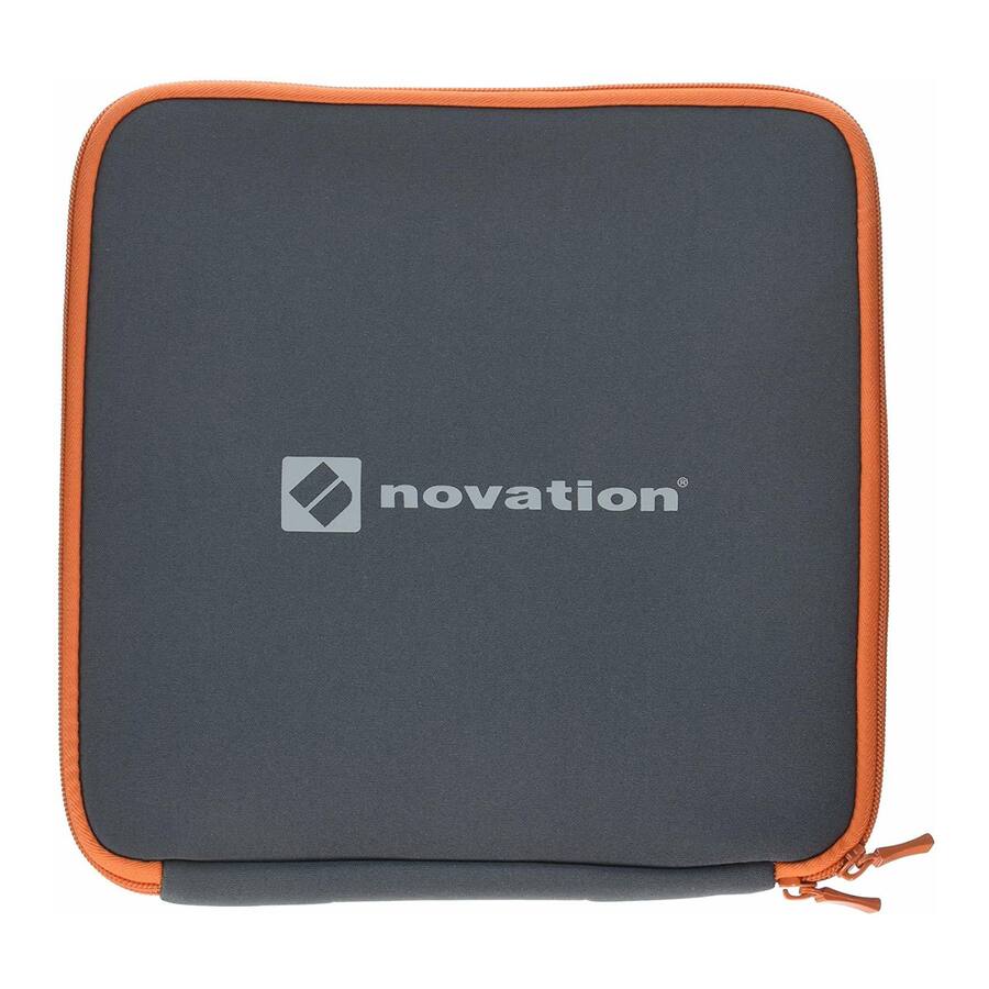 Gray neoprene sleeve with orange zipper and Novation logo on front.