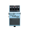 Light blue guitar effect pedal with four black knobs and labeled inputs and outputs.