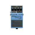 Light blue guitar effects pedal with four control knobs and three audio jacks for input and output connections.