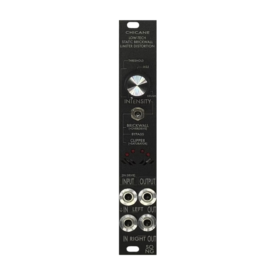 Black Eurorack module with rotary knob, toggle switch, LEDs, and four 1/4 inch audio jacks labeled input and output.