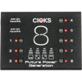Black power supply unit with 8 numbered outlets each having red LEDs and toggle switches, labeled with voltage specifications.