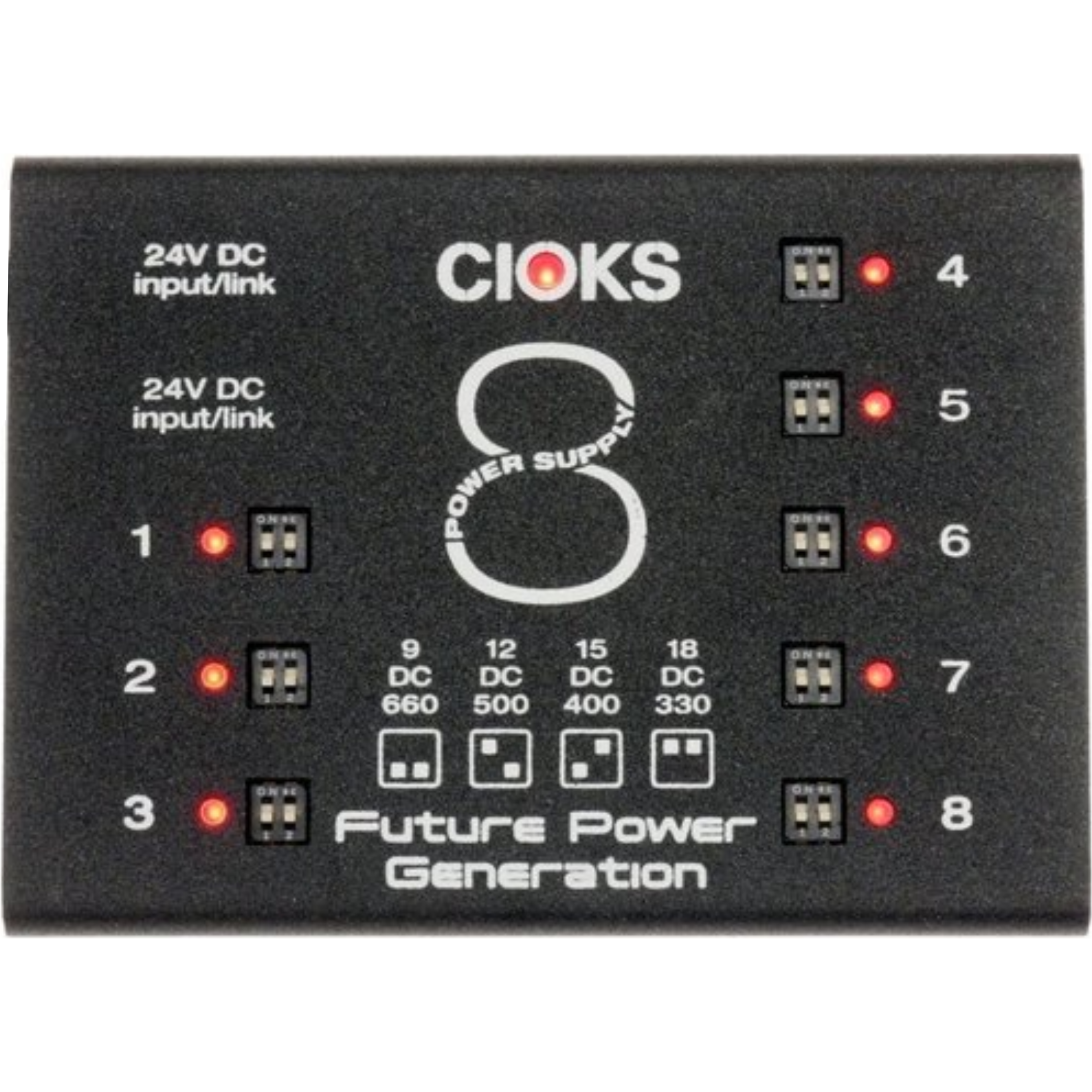 Black power supply unit with 8 numbered outlets each having red LEDs and toggle switches, labeled with voltage specifications.