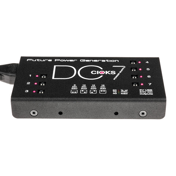 Black rectangular power supply unit with seven labeled outlets each with a toggle switch and power input on the side.
