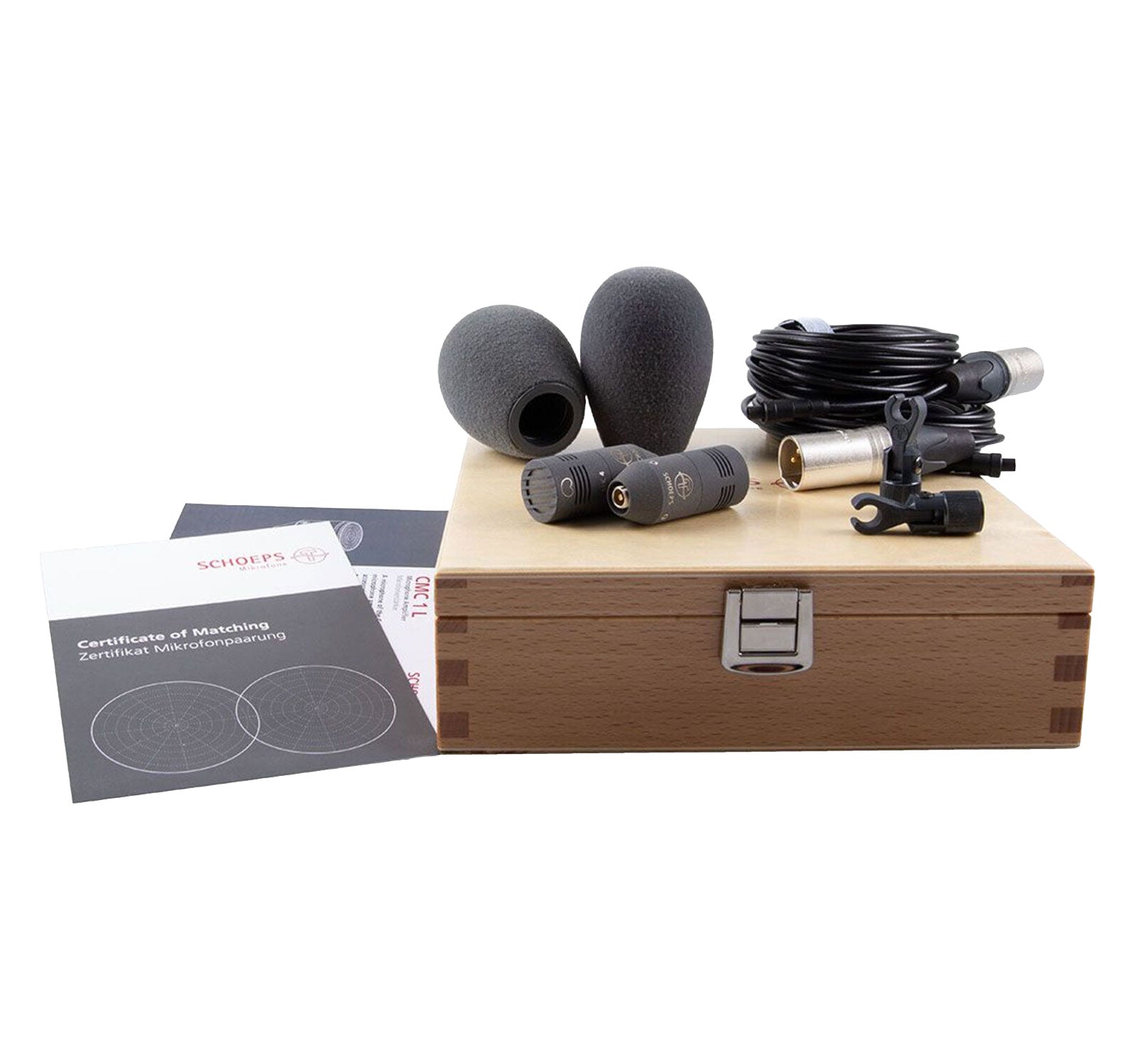 Two small black microphones with foam windshields, cables, clips, certificate, and wooden box on a white background.
