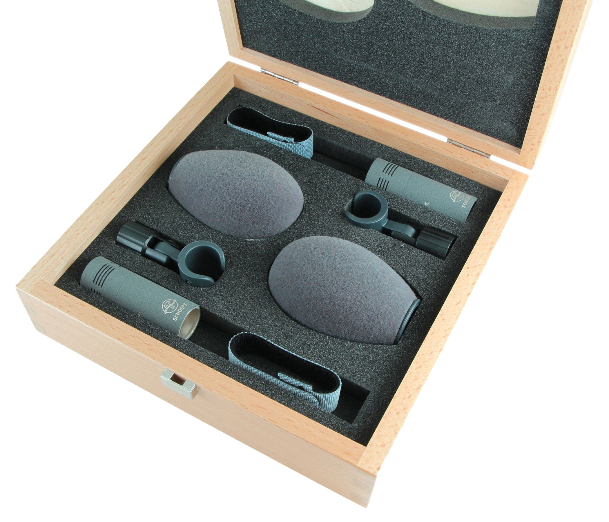 Two microphones with foam windshields and clips in a foam-lined wooden carrying case.