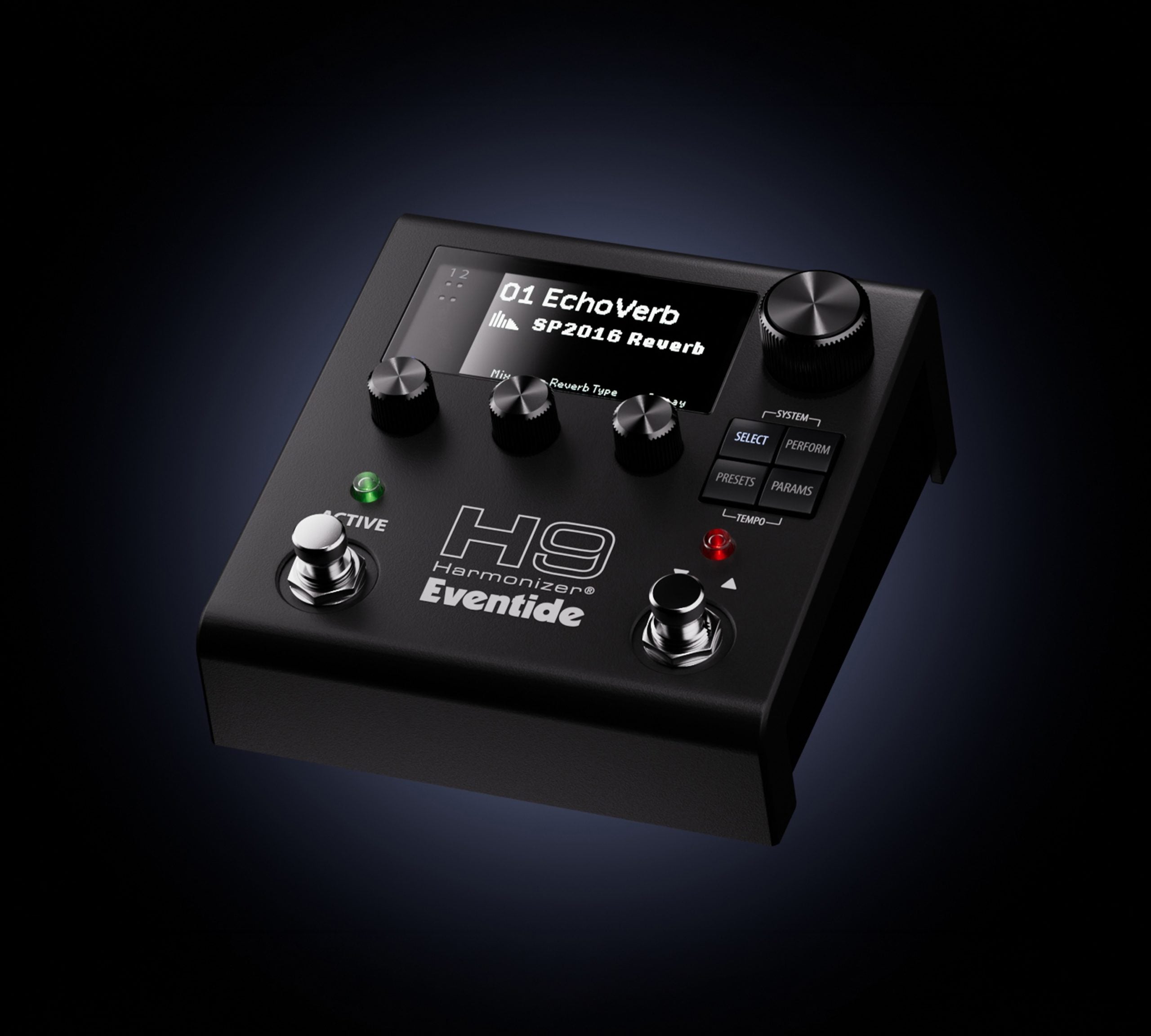 Black Eventide H9 Harmonizer pedal with display screen, knobs, and footswitches showing EchoVerb effect settings.