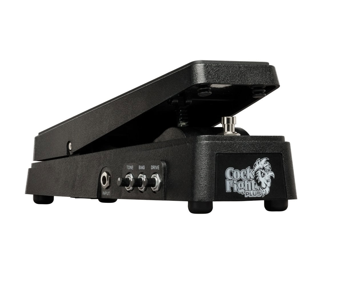 Black guitar effects pedal with foot pedal, three knobs for tone, bias and drive, and one input jack.