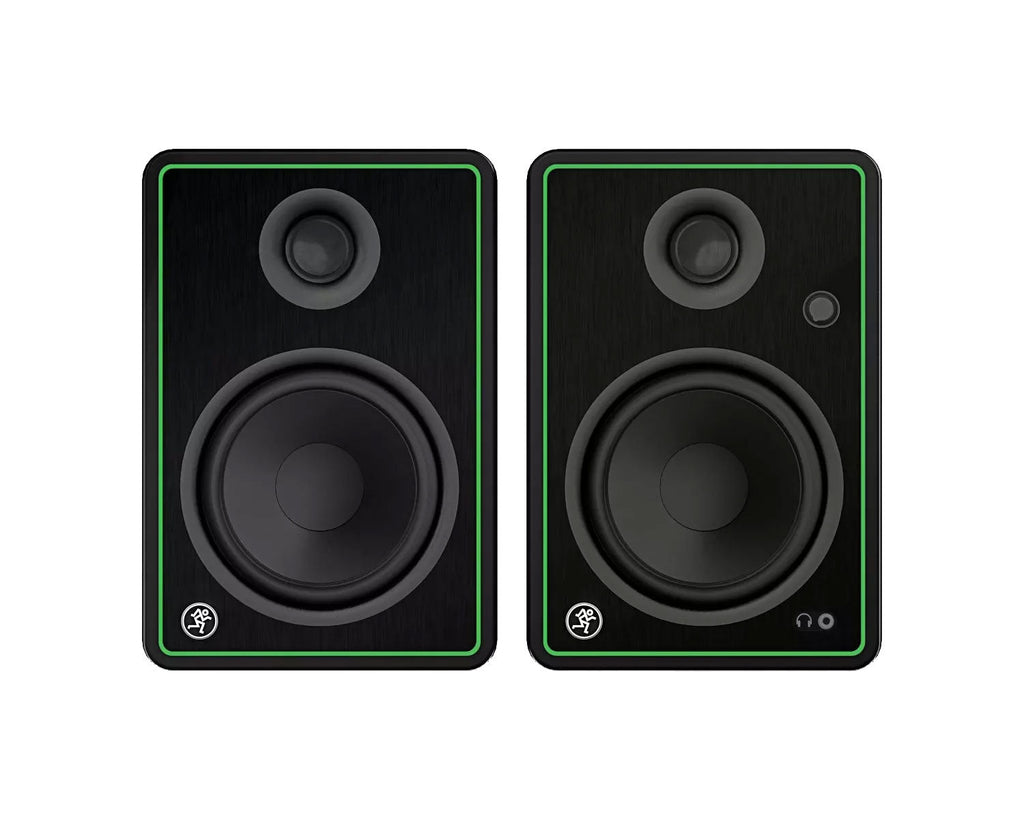 Front view of a pair of black studio monitor speakers with green borders and visible drivers.