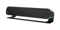 Black horizontal soundbar speaker with green corner accents mounted on a slim stand.