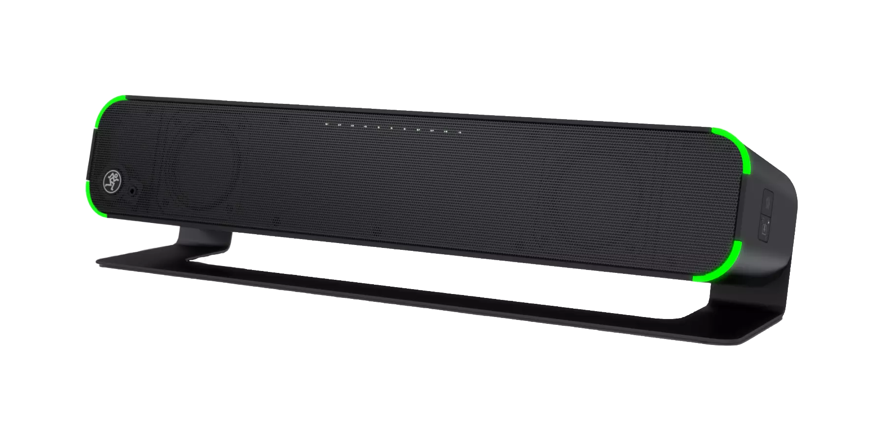 Black horizontal soundbar speaker with green corner accents mounted on a slim stand.