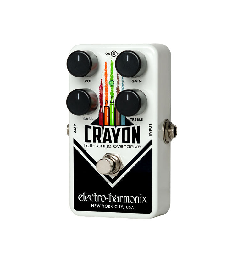 White Electro-Harmonix Crayon overdrive pedal with four control knobs and one input jack shown from angled front.