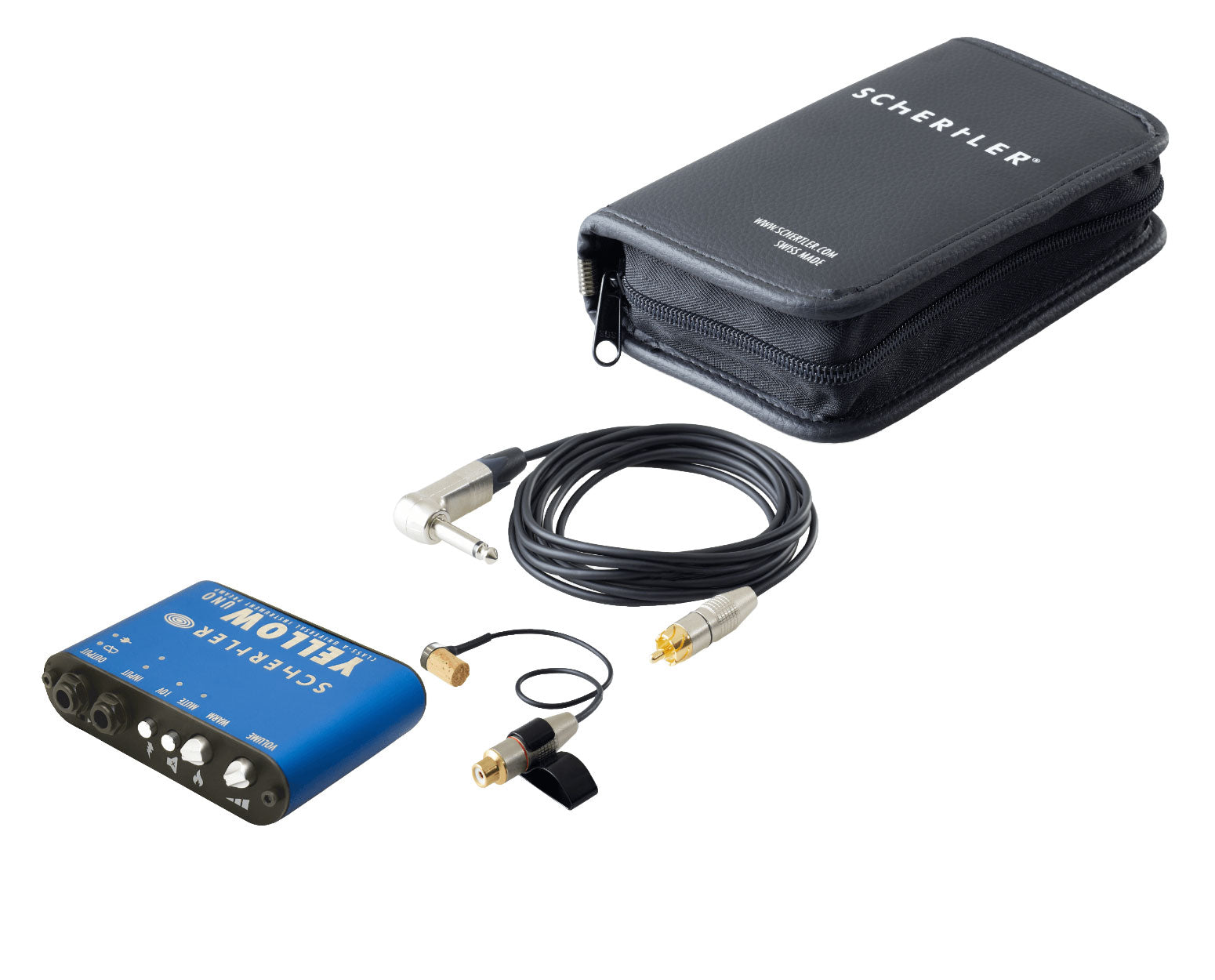 Blue electronic device with controls, a cable, a small microphone with cork tip, and a black carrying case with SCHERTLER logo.
