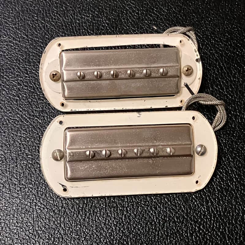 Vintage Pair Gibson P13 Pickup Set With Surrounds 1950’s Nickel Harmony Silvertone