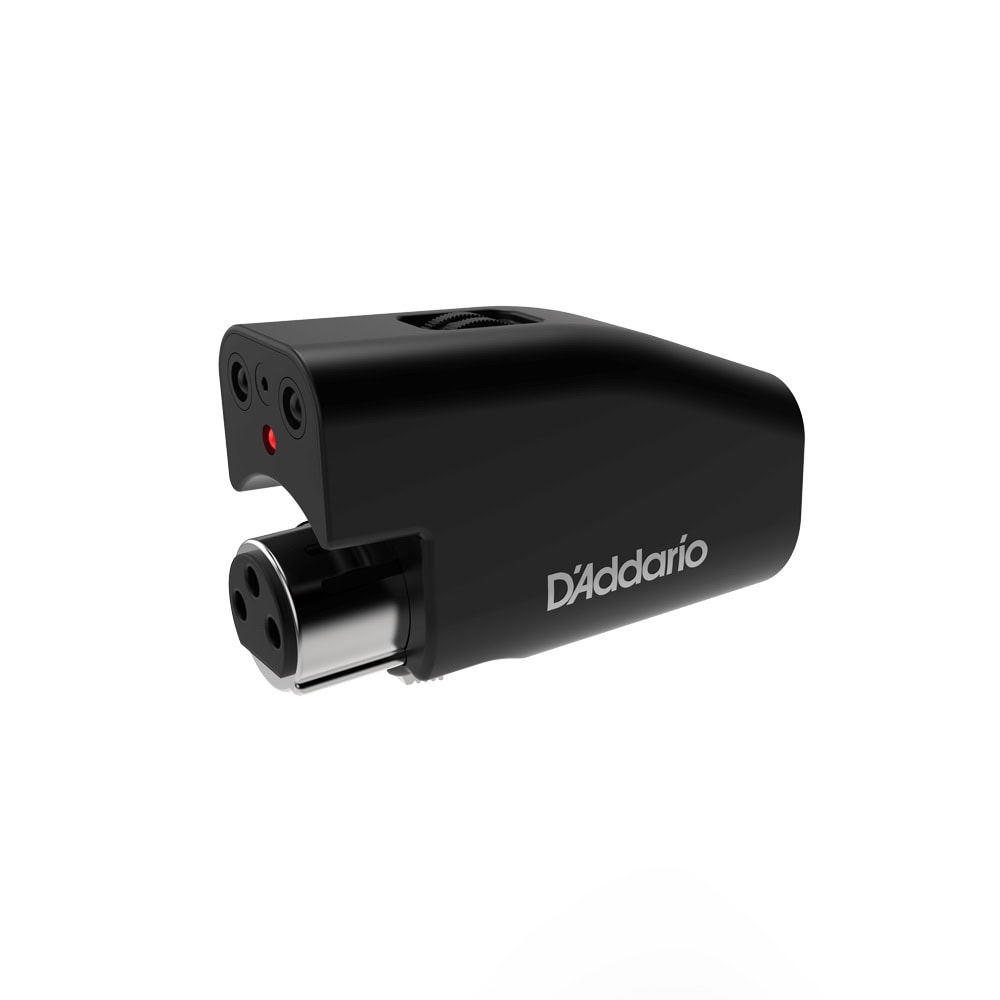 Black device with D'Addario branding featuring a female XLR connector and two small dials on top