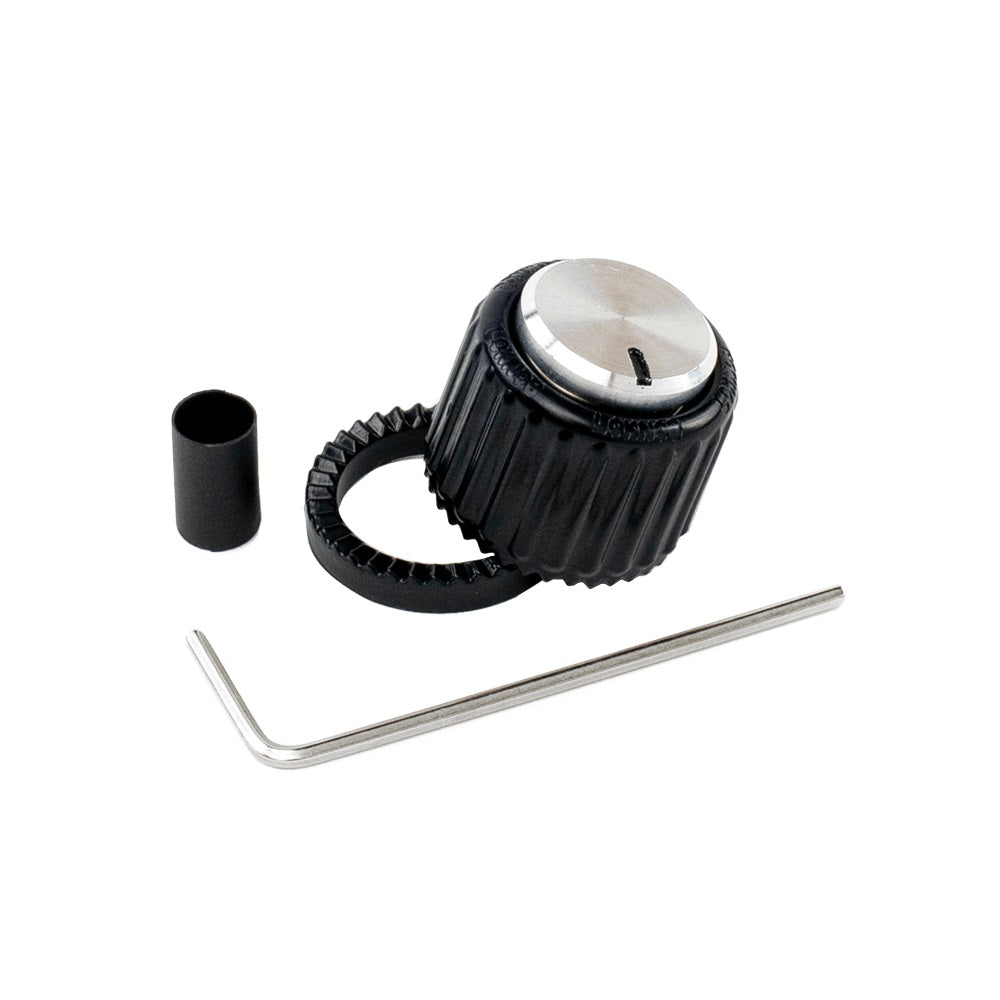 Black ribbed plastic knob with a silver metal top, a knurled ring, a small black cylindrical sleeve, and an Allen wrench on a white background.