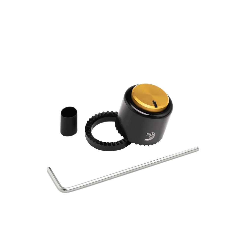 Black and gold metal knob with a marking, including a knurled washer ring, spacer, and allen wrench on white background.