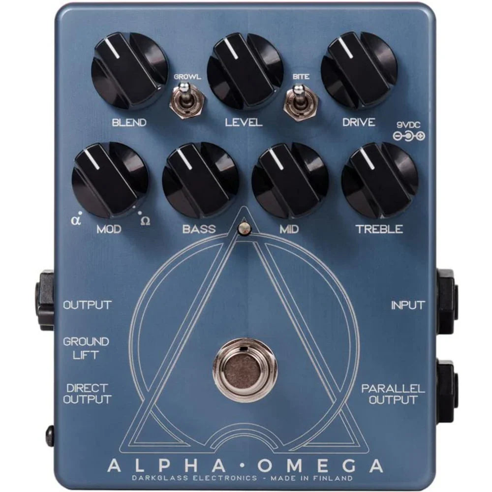 Blue guitar preamp pedal with multiple control knobs, toggle switches, footswitch and input/output jacks.