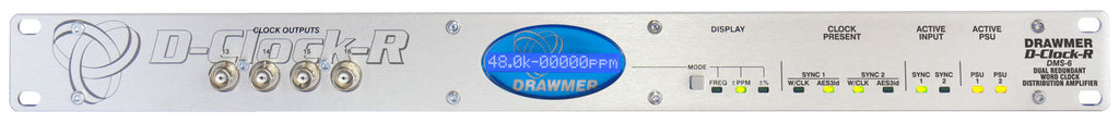 Front panel of a Drawmer D-Clock-R device showing BNC clock outputs, display, buttons, and status LEDs.