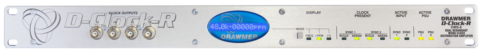 Front panel of a Drawmer D-Clock-R device showing BNC clock outputs, display, buttons, and status LEDs.