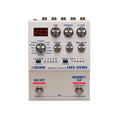 Silver guitar effects pedal with knobs, two footswitches, and a digital display showing 200.