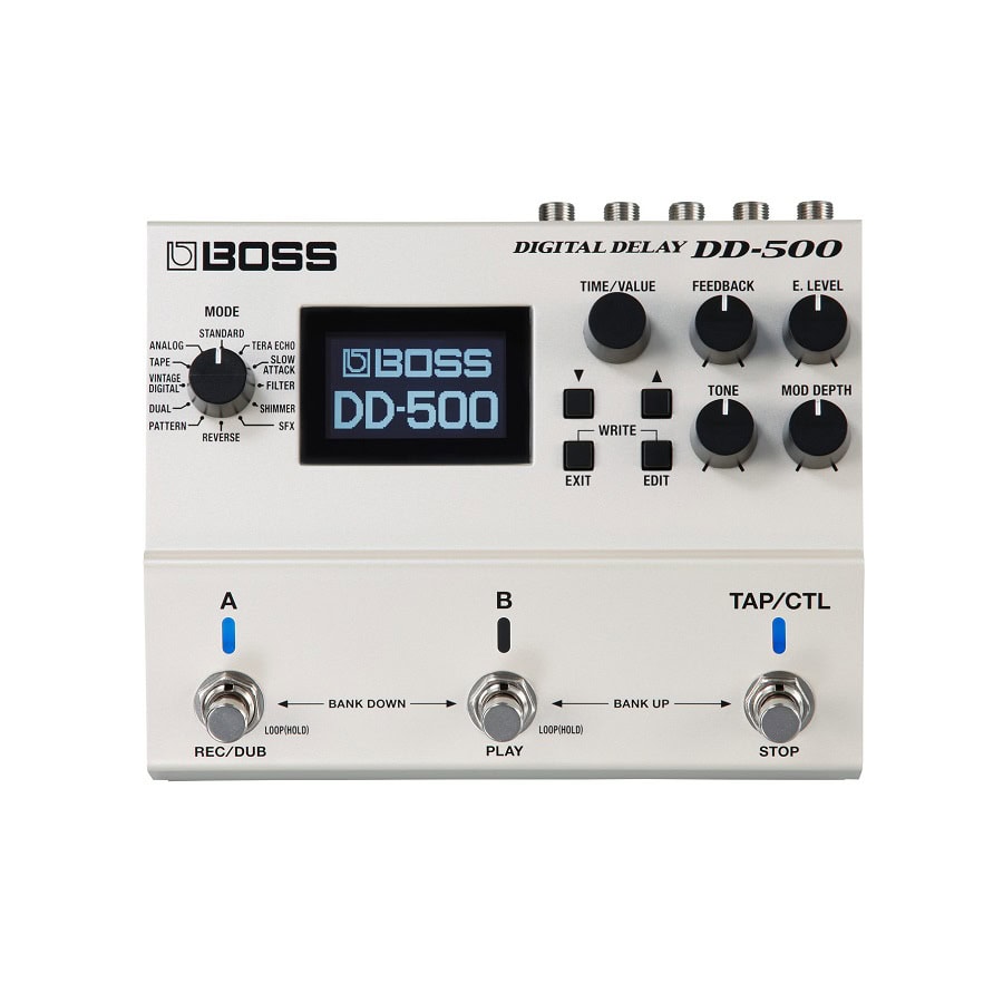White Boss digital delay pedal DD-500 with a screen, knobs, buttons, and three footswitches on a white background.