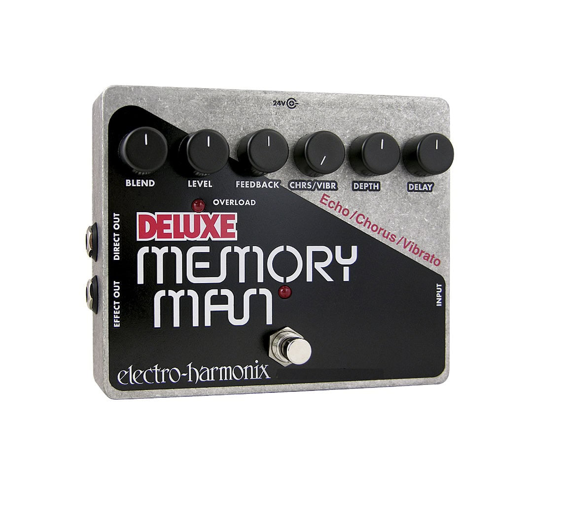 Electro-Harmonix Deluxe Memory Man effects pedal with six control knobs and three jacks visible.