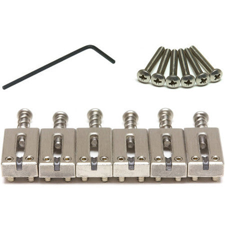 Six silver metal saddles with mounting screws and a black hex key laid out on a white background.