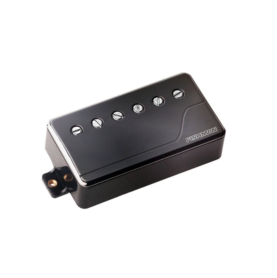 Black electric guitar humbucker pickup with six adjustable pole screws and Fishman logo.