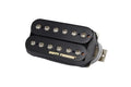 Black humbucker guitar pickup with adjustment screws and legible gold text reading 'DIRTY FINGERS'.
