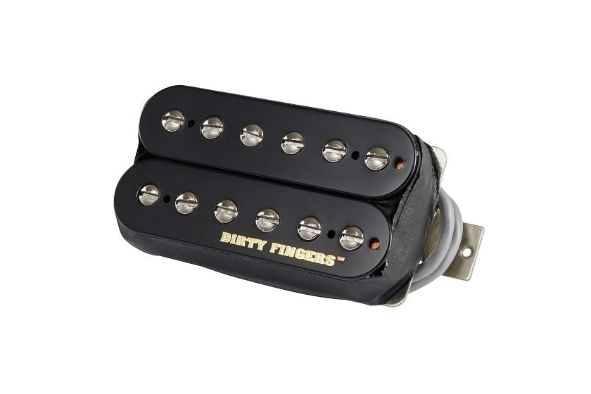 Black humbucker guitar pickup with adjustable pole screws and gold text reading DIRTY FINGERS.