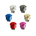 Six metallic push button switches in silver, black, blue, gold, red, and pink with two prong connectors