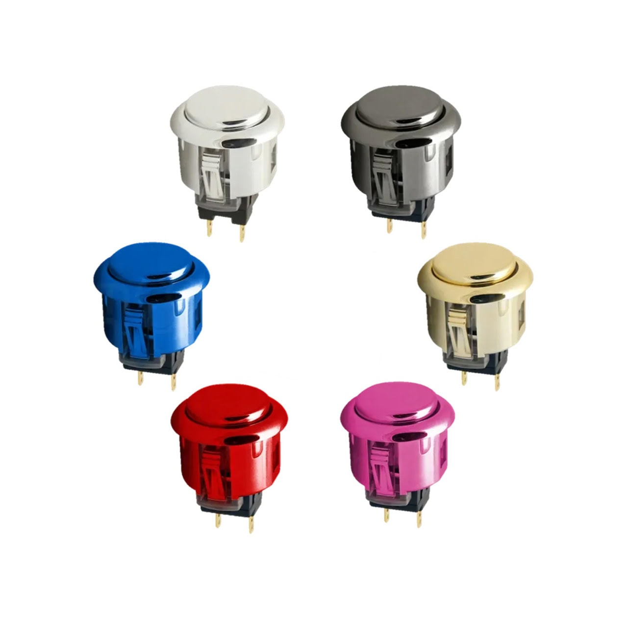 Six metallic push button switches in silver, black, blue, gold, red, and pink with two prong connectors