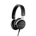 Black and silver over-ear headphones with padded headband and attached audio cable.