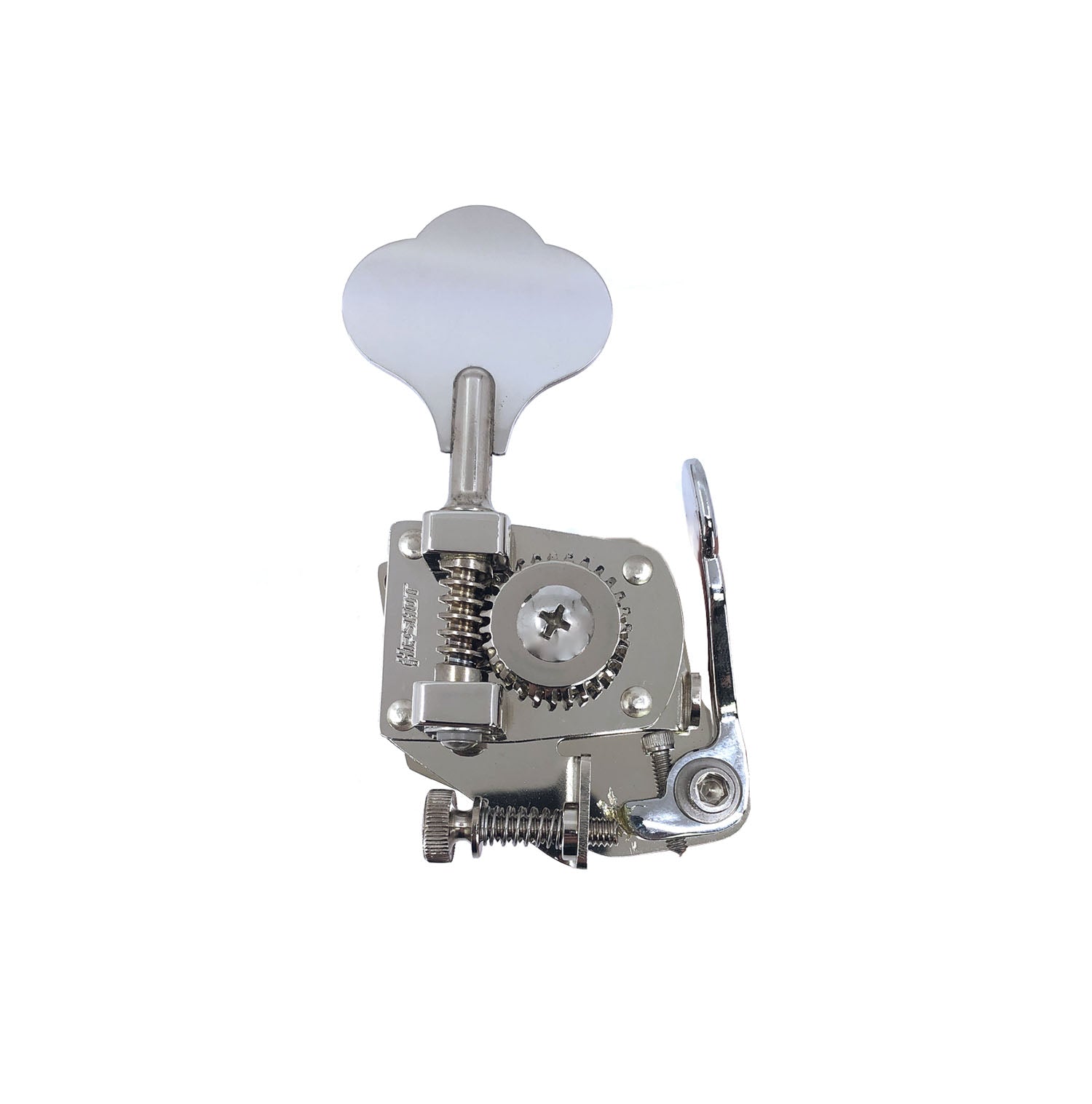 A silver double stop lever tuner with a clover key for a bass guitar, shown isolated on white background.