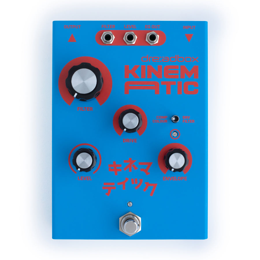 Blue and red Dreadbox Kinematic pedal with four knobs, three jacks, a toggle switch, and a footswitch.