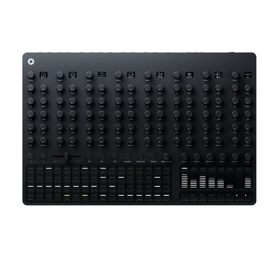 Erica Synths Bullfrog Drums desktop sampling drum machine, aluminum enclosure with knobs, seven sample-based voices and X0X-style step sequencer controls