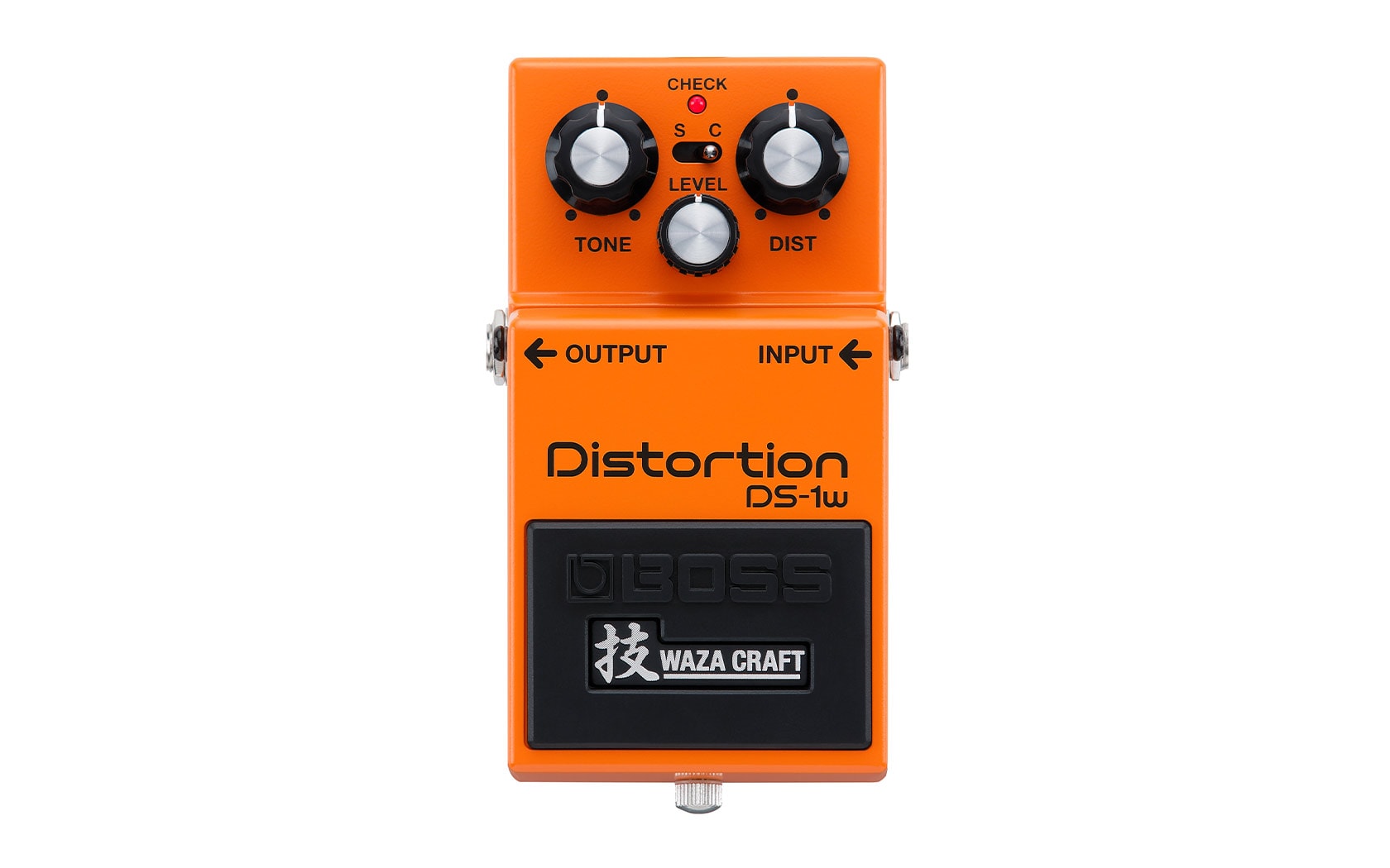 Orange guitar distortion pedal with three knobs, toggle switch, and input/output jacks.