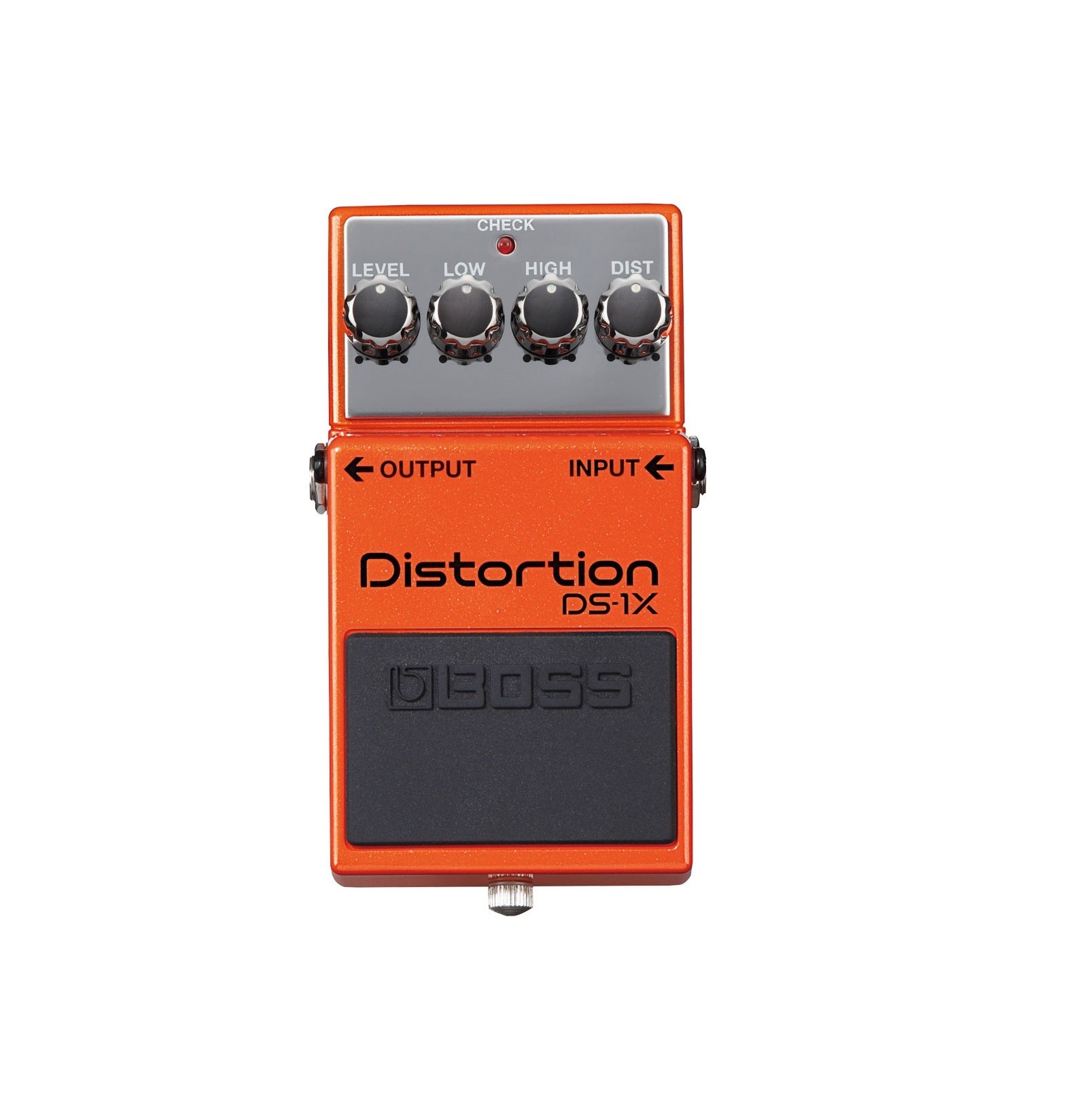 Orange guitar distortion pedal with knobs labeled Level, Low, High, and Dist, and input/output jacks on the sides.