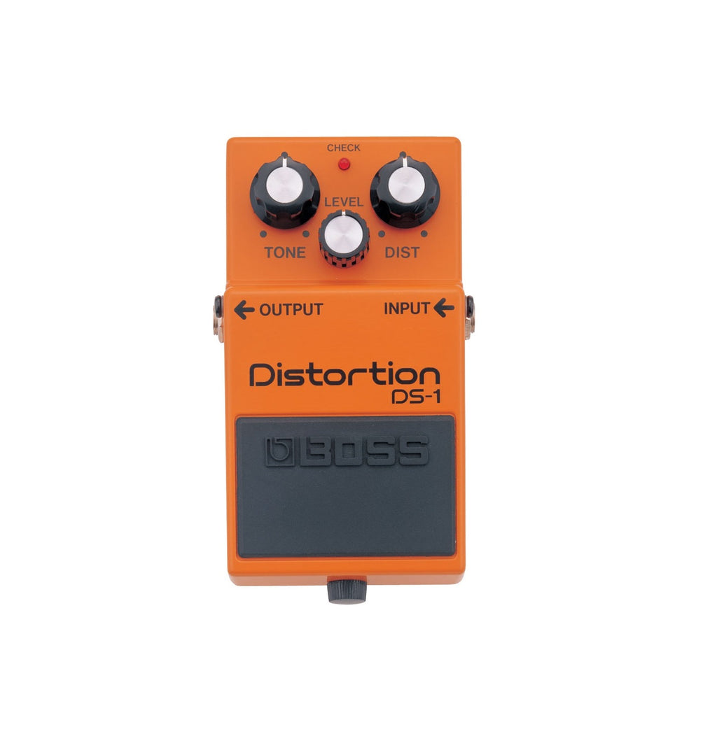 Orange guitar distortion effects pedal with three control knobs and input/output jacks.