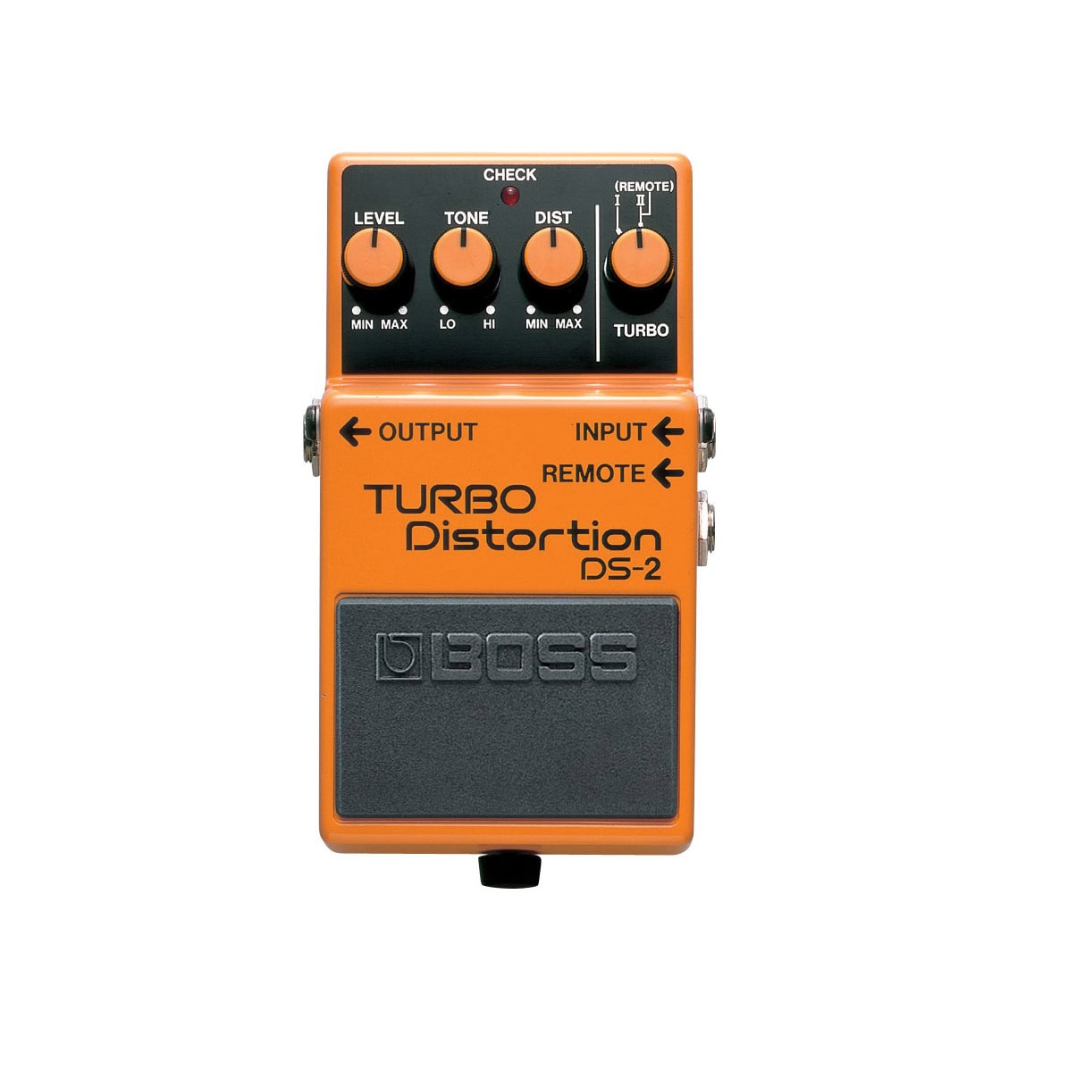 Orange guitar effects pedal with four knobs labeled Level, Tone, Dist, and Turbo with input/output remote jacks.