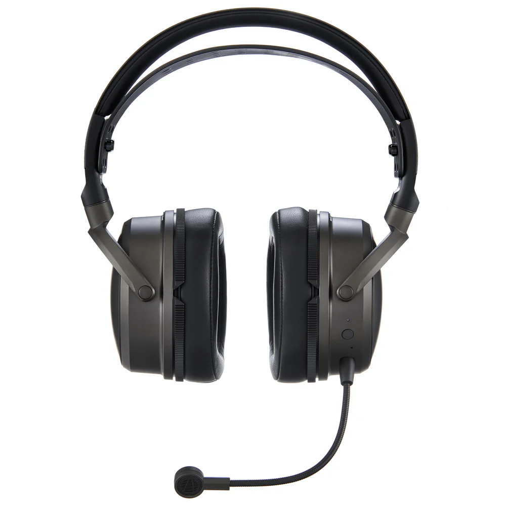 Black over-ear headphones with thick padded ear cups and an attached flexible microphone.