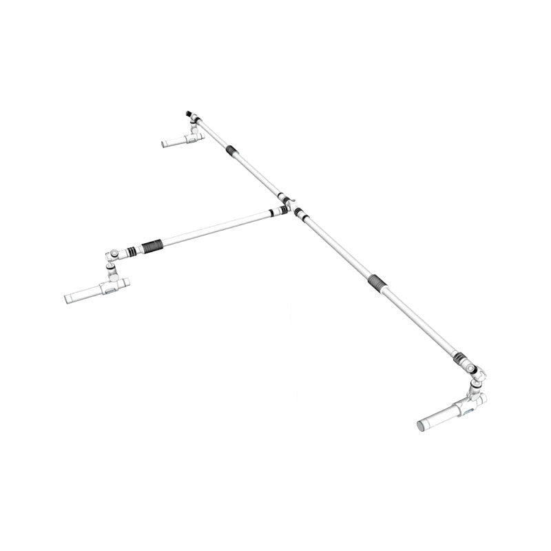 Three small microphones mounted on an adjustable horizontal bar with three boom arms on a white background.
