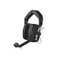 Black over-ear headset with thick padded ear cups and an adjustable microphone boom arm.