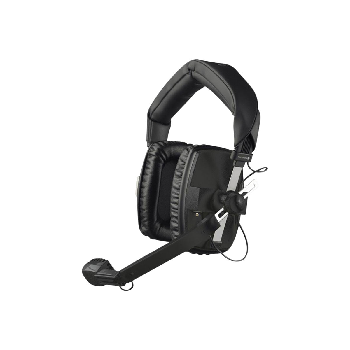 Black over-ear headset with thick padded ear cups and an adjustable microphone boom arm.